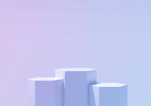 製品表示のための紫色の背景に六角形のプラットフォームの表彰台のグラデーション虹の光 空のプラットフォーム表彰台 3Dレンダリング — ストック写真