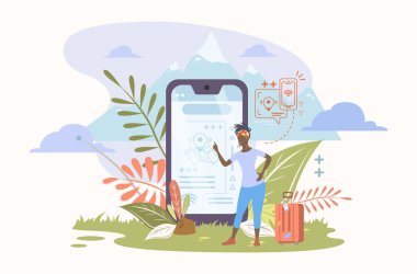 Akıllı telefon seyahati arayan siyah bir kadın. Dağlara gidilecek yer. Vektör illüstrasyonu.
