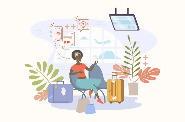 一位黑人妇女坐在机场 提着她的行李等着她的航班 看着屏幕 矢量说明 — 图库矢量图片