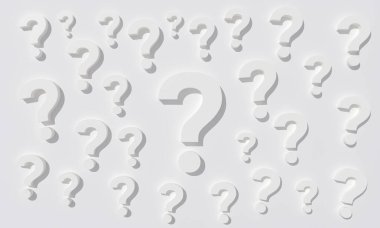Sorular ve cevaplar konsepti. Beyaz stüdyo geçmişinde birçok soru işareti var. 3d oluşturma.