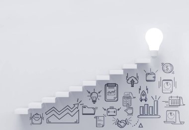 Beyaz arka planda iş ikonu olan ampul ışığına çıkan merdivenler. 3d oluşturma