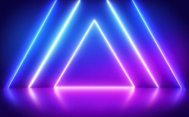 Neon abstract triangle on reflective background. Glowing frame. Club, bar or cafe design poster, banner.