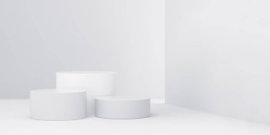 Beyaz stüdyo arka planında bir taraftan ışık girişi olan podyum. Moda ve kozmetik konsepti. 3d oluşturma.