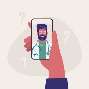 Çevrimiçi doktor soru danışma konsepti. Akıllı telefondan doktora hasta muayenesi. Modern Sağlık Hizmetleri ve Online Teletıp Konsepti. Vektör illüstrasyonu.