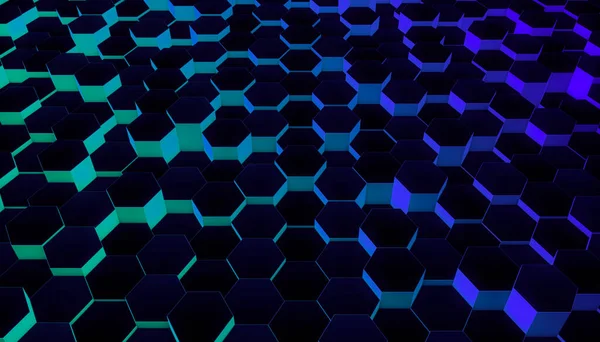 Streaming background. Perspective of Random shifted neon honeycomb hexagon wallpaper. 3d rendering.