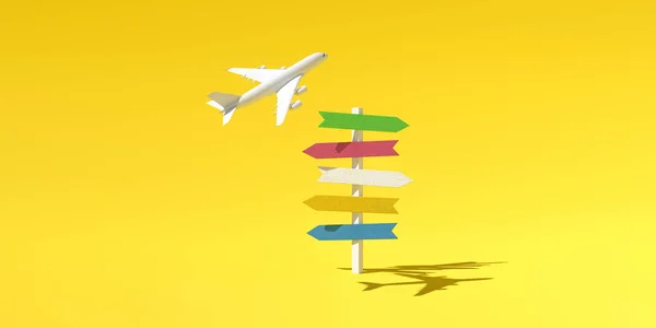 Ξύλινες Πινακίδες Που Δείχνουν Διαφορετικές Κατευθύνσεις Και Αεροπλάνο Πετούν Σηματοδότηση — Φωτογραφία Αρχείου