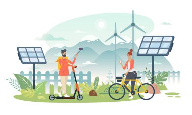 Güneş enerjisi panelleri ve rüzgar türbinleri. Elektrikli taşıma. Yenilenebilir enerji kavramı. Vektör illüstrasyonu.