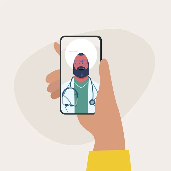 Пацієнт Має Онлайн Розмову Мусульманським Лікарем Сучасні Медичні Послуги Інтернет — стоковий вектор