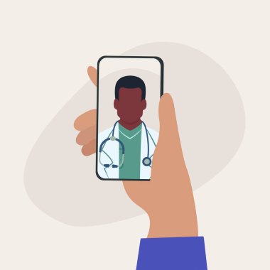 Siyahi bir doktorla telefon görüşmesi yapıyorum. Modern Sağlık Hizmetleri ve Online Teletıp Konsepti. Vektör illüstrasyonu.