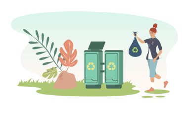 Geri dönüşüm kutusuna çöp atan kadın. Ekolojik yaşam konsepti. Vektör illüstrasyonu.