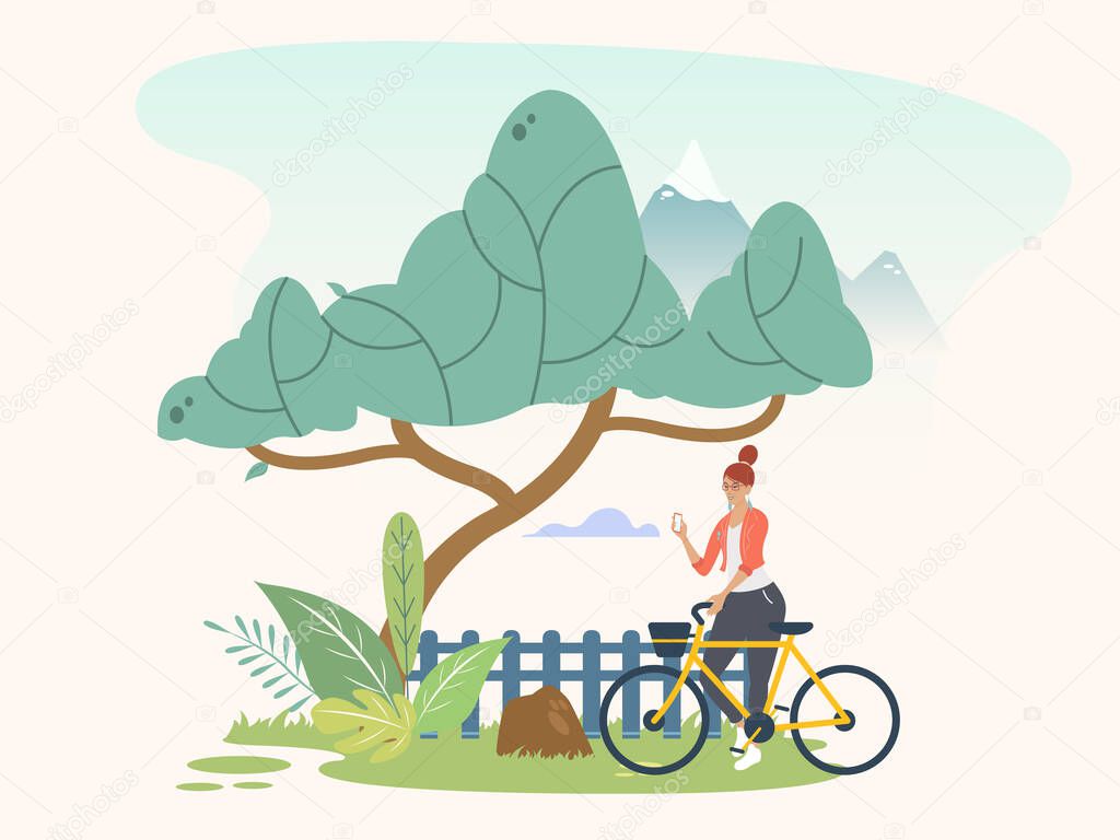 Nature bike ride. Electric transportation. Renewable energy concept. Vector illustration.