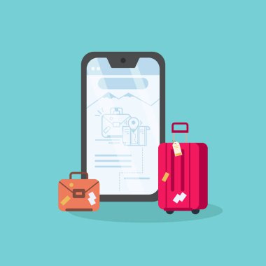 Yanında bir akıllı telefon ve bavul. İnternetten bilet alma kavramı. Vektör İllüstrasyonu.