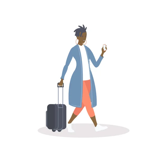 一个带着行李 身披白色背景的商务黑人妇女在机场行走 病媒图解 — 图库矢量图片