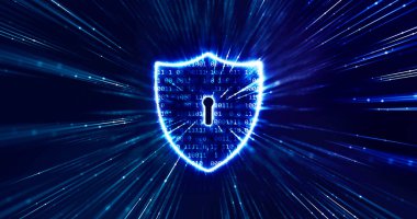 Veri Koruma ve Siber Güvenlik Konsepti. Dijital veri üzerindeki Anahtar Deliği simgesiyle Kalkan.