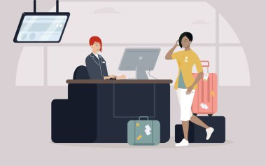 Kadın havaalanı resepsiyonuna giriş yapmış. Borda kontrolü. Vektör İllüstrasyonu.