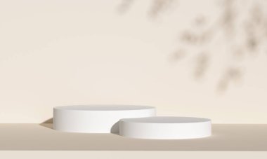 Ürün sergisi için bej arka planda doğal ışık bulunan çift minimalist podyum. Boş podyum platformu. Mojo konsepti. 3B Hazırlama.