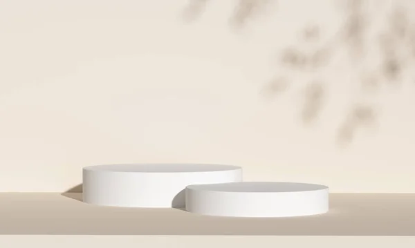 Ürün sergisi için bej arka planda doğal ışık bulunan çift minimalist podyum. Boş podyum platformu. Mojo konsepti. 3B Hazırlama.
