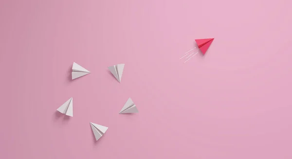 妇女领导的概念 个人和独特的领导者粉红纸飞机改变方向 3D渲染 — 图库照片