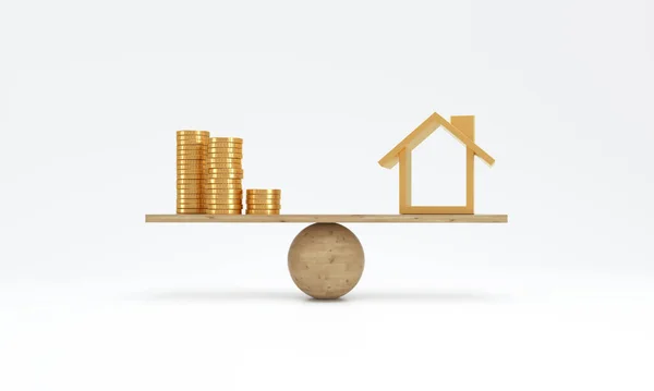 House Golden Coin Balancing Scale White Background Real Estate Business — Φωτογραφία Αρχείου