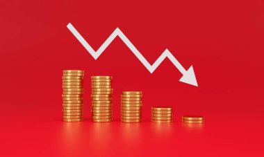 Coin stack with red arrow go down. warning in the financial markets. Inflation and stagflation concept. 3D rendering.