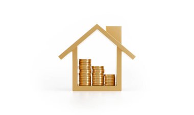 Protect money in real estate. Stack coins inside a house on white background. 3D rendering.