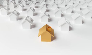 Golden house in group of others houses. The chosen one. 3D rendering.