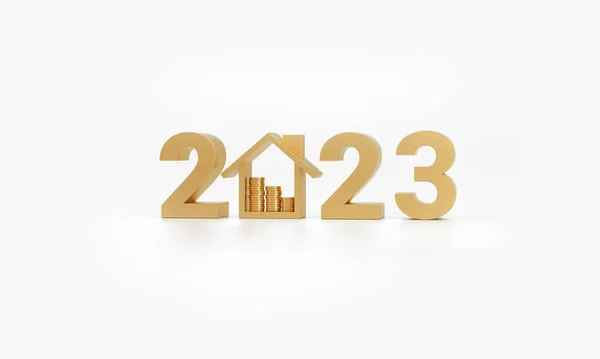 Golden Number 2023 House Icon Stack Coins Isolated White Background — Fotografia de Stock