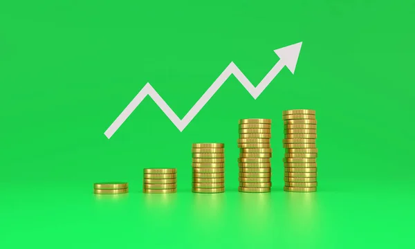 Arrow Coin Stacks Green Background Financial Success Growth Concept Rendering — Stockfoto