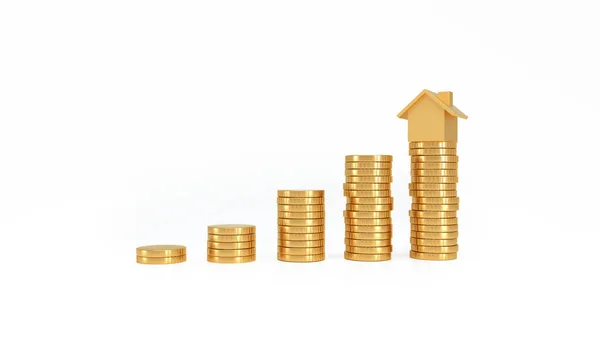 House Model Top Stack Coins White Background Real Estate Market — Foto Stock