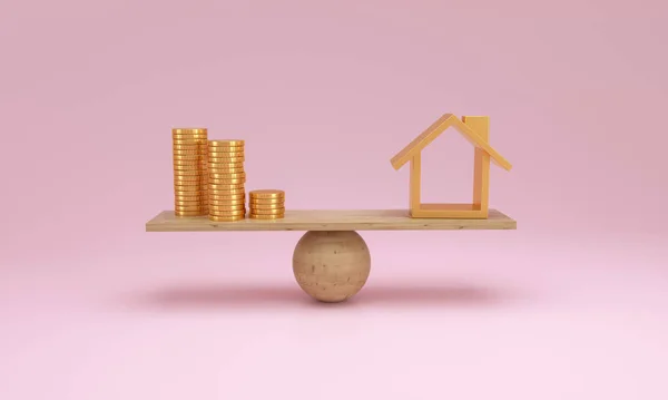 Golden coin and gold house on balancing scale on pink background. Real estate business mortgage investment and financial loan concept. 3D rendering.