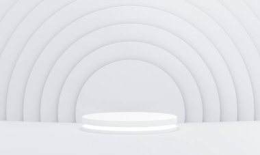 Minimal Podium with light on white circles pattern background. Empty podium platform. 3D Rendering.