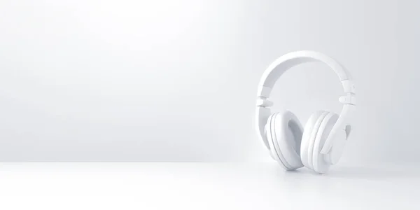 Headphones on panoramic white background. podcast concept. 3d rendering.
