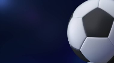 Mavi arka planda gol atan futbol topu. 3B görüntüleme.