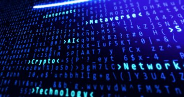 Şifreleme, internet, ai, ağ ve metni vurgulayan ikili kod. Teknik arkaplan.