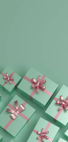 Коробка Подарков Розовой Лентой Зеленом Фоне Инсталляция Вертикальный Размер — стоковое фото