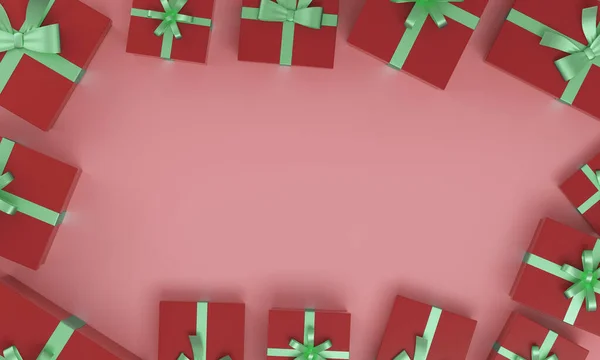 Red background around Christmas or birthday gifts on top view. passionate present. 3D Rendering.