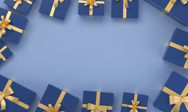 Blue background around Christmas or birthday gifts on top view. Elegant present. 3D Rendering.