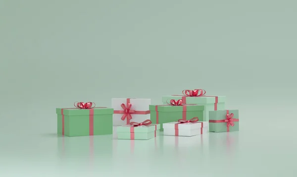 Пастельные Подарки Коробка Розовой Лентой Зеленом Фоне Моделирование — стоковое фото