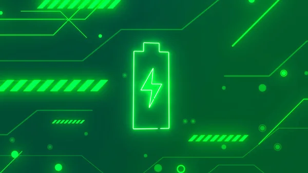 Neon battery charging in a technological background of circuit board. Renewable and sustainability energy.