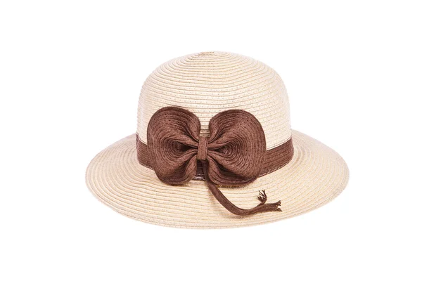 Kurdele beyaz zemin üzerine izole kahverengi hasır şapka — Stok fotoğraf