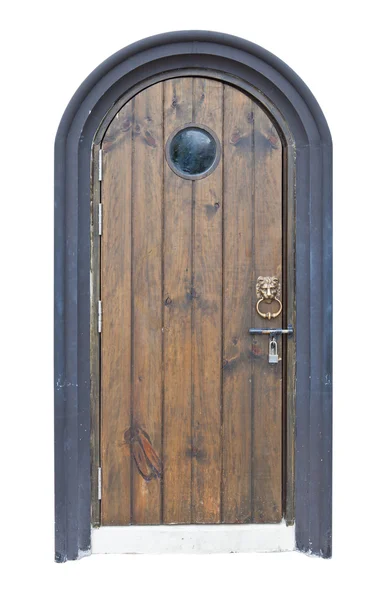Παλιά ξύλινη πόρτα με λιοντάρι χειριστεί απομονωθεί σε λευκό φόντο — Φωτογραφία Αρχείου