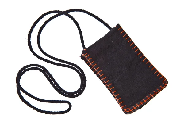 Schwarze Geldtasche aus Baumwolle mit Riemen isoliert auf weißem Hintergrund — Stockfoto