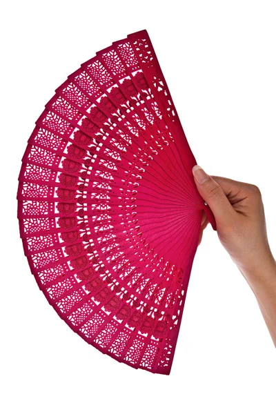 Wooden oriental chinese fan with hands isolated on white backgro — Stock Photo, Image