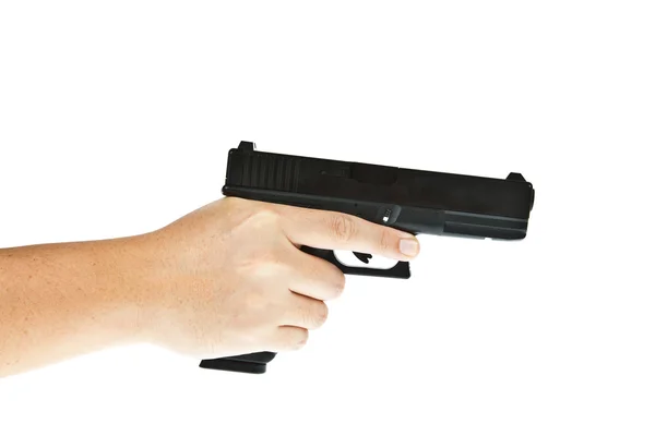 主营手枪，用一只手的 glock 模型瞄准目标 — 图库照片