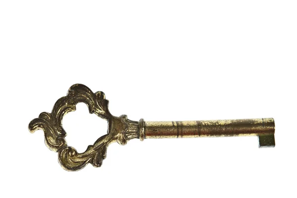 Beyaz arkaplanda izole edilmiş eski altın anahtar — Stok fotoğraf