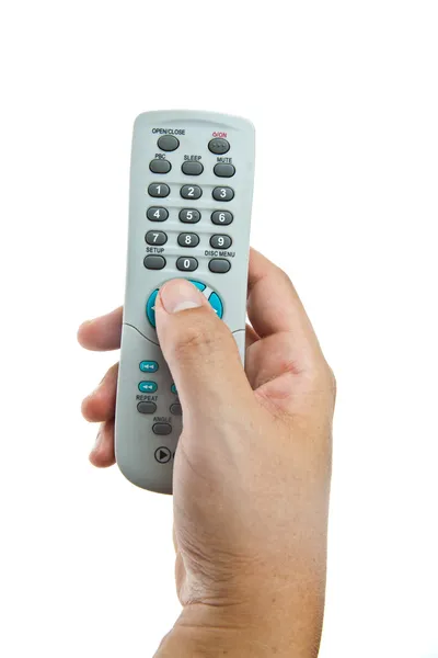 Memegang tangan TV remote kontrol terisolasi pada latar belakang putih — Stok Foto