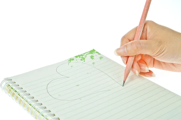 Bleistift und Notizbuch mit Herz auf weißem Hintergrund — Stockfoto