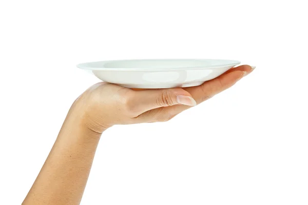 Placa de cozinha branca na mão isolada no fundo branco — Fotografia de Stock
