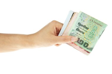 Beyaz arka plan üzerinde izole el ile thaibaht banknotlar