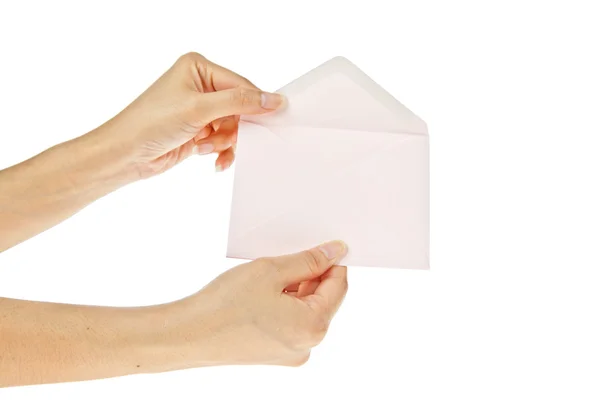 Roze envelop met de hand geïsoleerd op witte achtergrond — Stockfoto